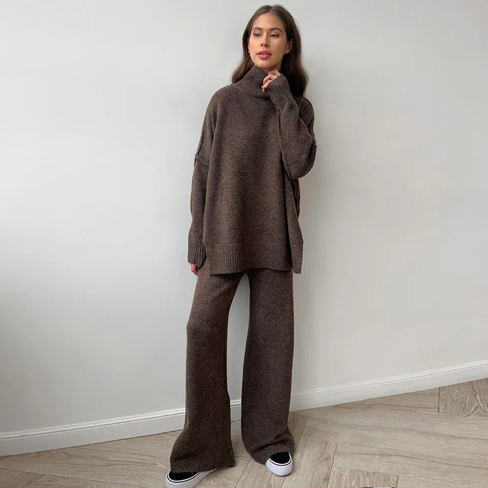 Two-piece Set Turtleneck Sweater Suit Autumn and Winter Loose Casual Thickened Knitted Trousers Suit