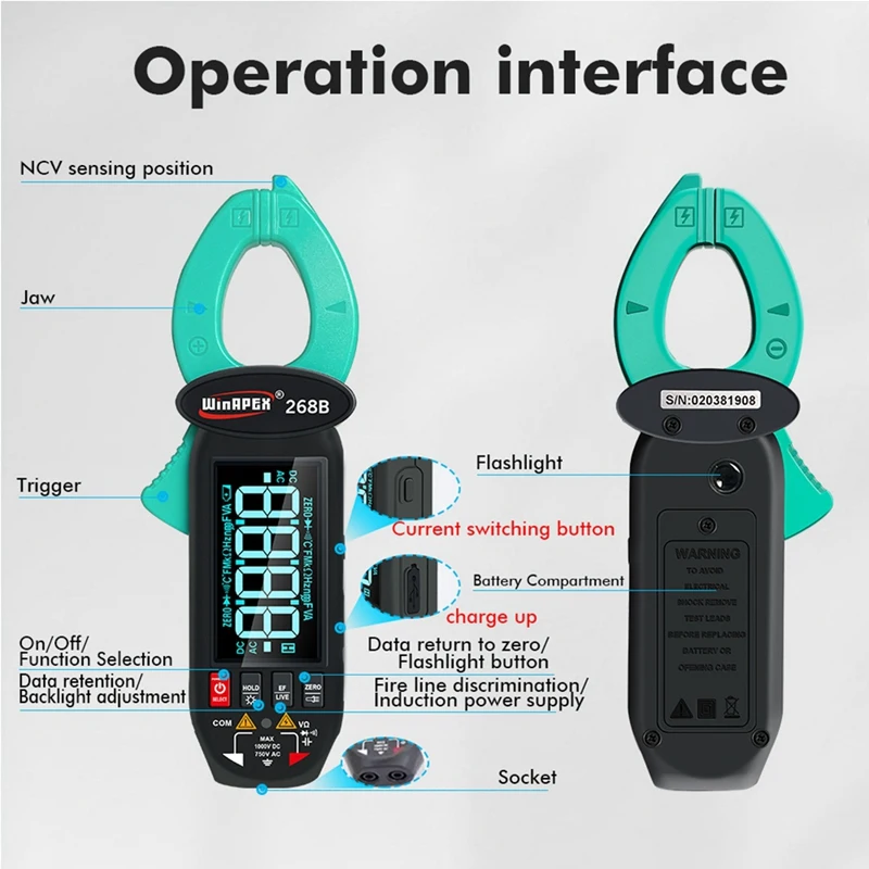 Winapex 268B Intelligent Large Screen AC-DC Leakage Meter AC Leakage Clamp Meter 600MA-60A Multi-Function Leakage Current Meter