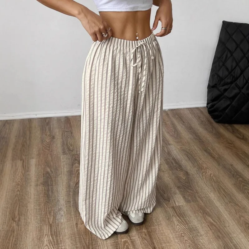 

European and American Style Women's Drawstring Elastic Waist Lazy Versatile Wide Striped Casual Straight Pants