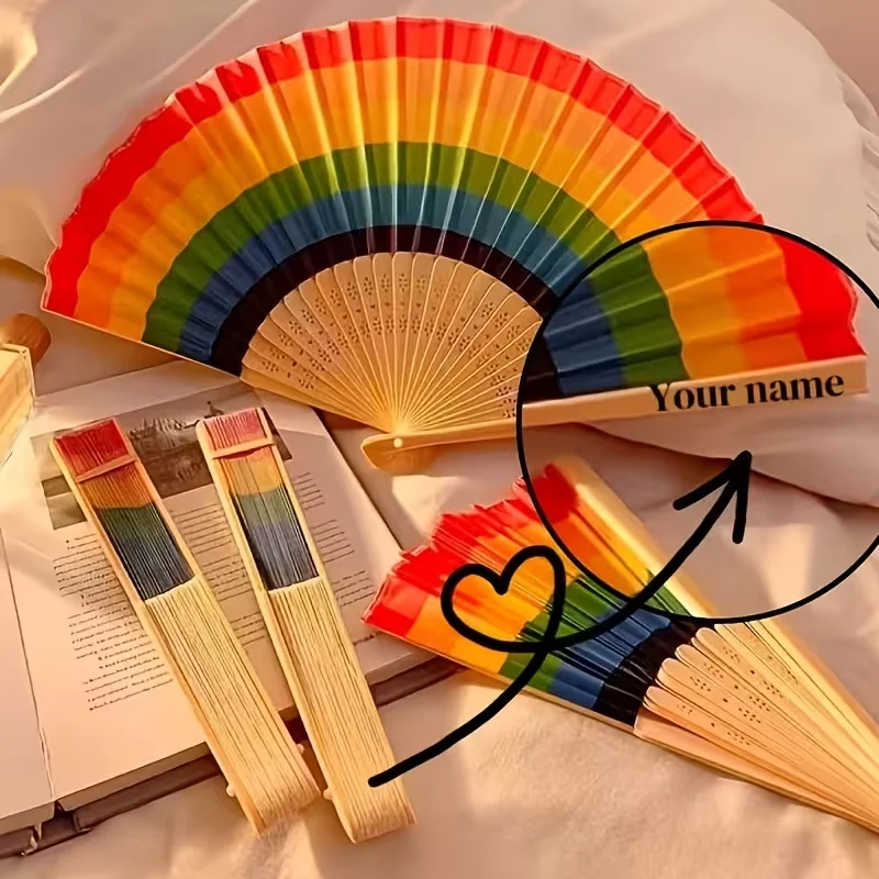 10Pcs/30Pcs/50Pcs/70Pcs Personalized Custom Rainbow Cloth Fans, Can Be Laser Engraved with Names and Dates - Vintage Bamboo Cloth Hand-Held Fans, Suitable for Weddings, Pride Events, Dance Performances, Music Festivals