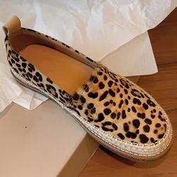 2025 Women's leopard horsehair slip-on flats loafers round toe hemp casual female moccasins leisure fisherman's shoes for woman