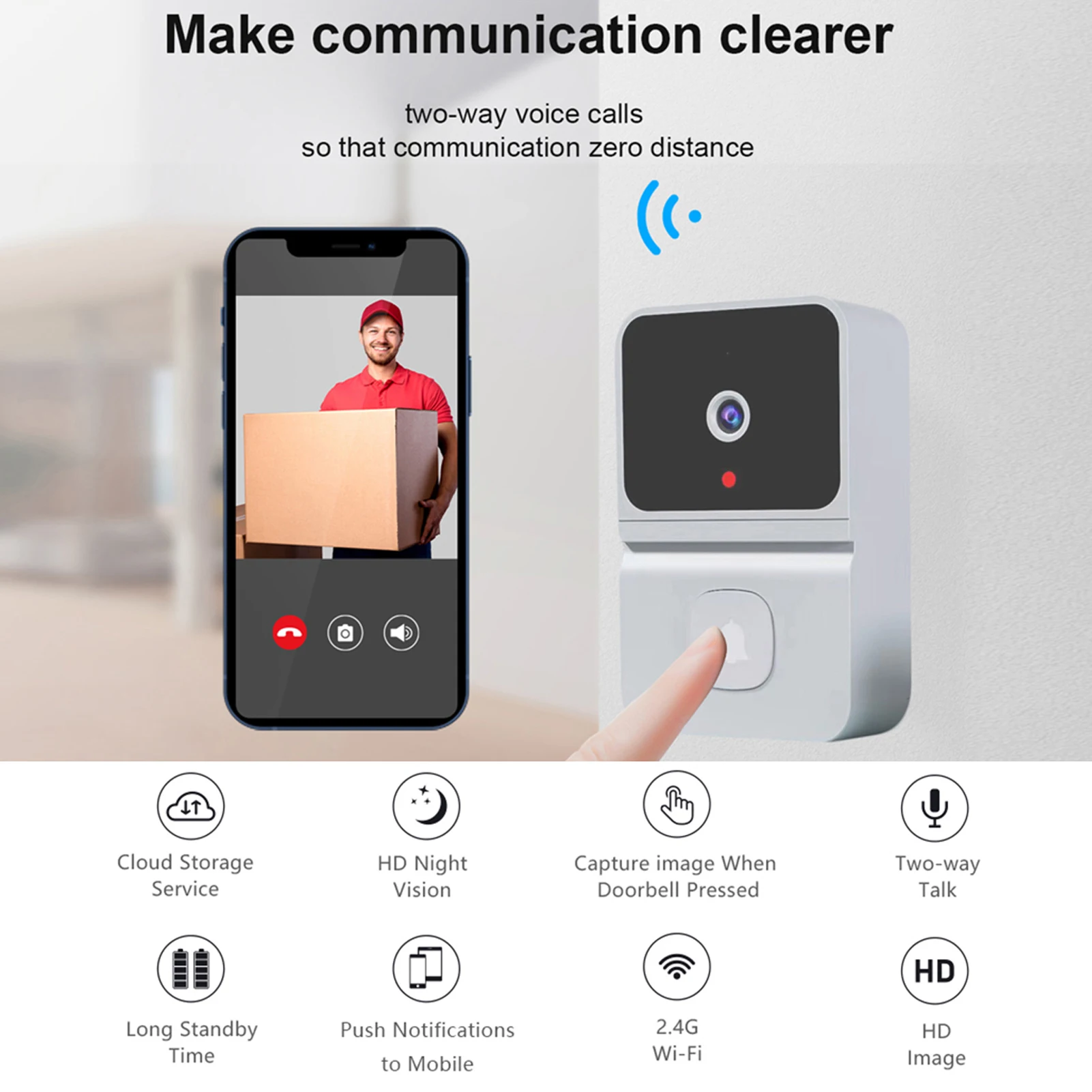 Wireless Video Doorbell Camera WiFi  Visual Smart Security Doorbell Night Vision 2-Way Audio For Home Monitor Door Phone