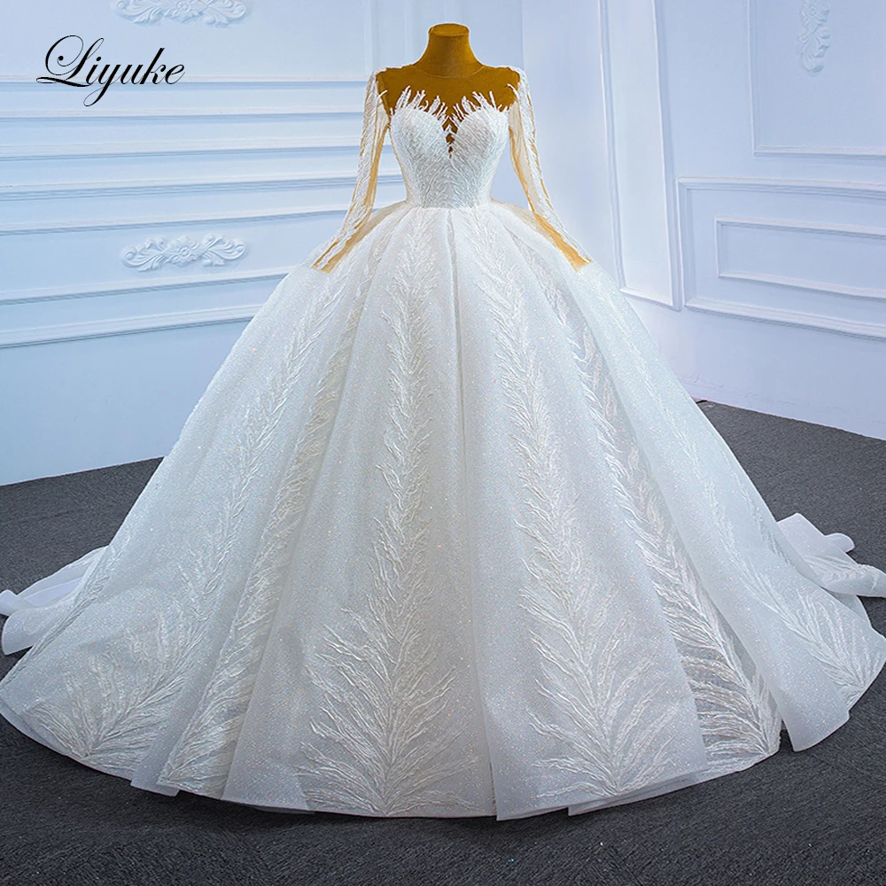 

Liyuke Brown Nude Skin Full Sleeve Ball Gown Wedding Dress Of Stunning Lace Corset Back