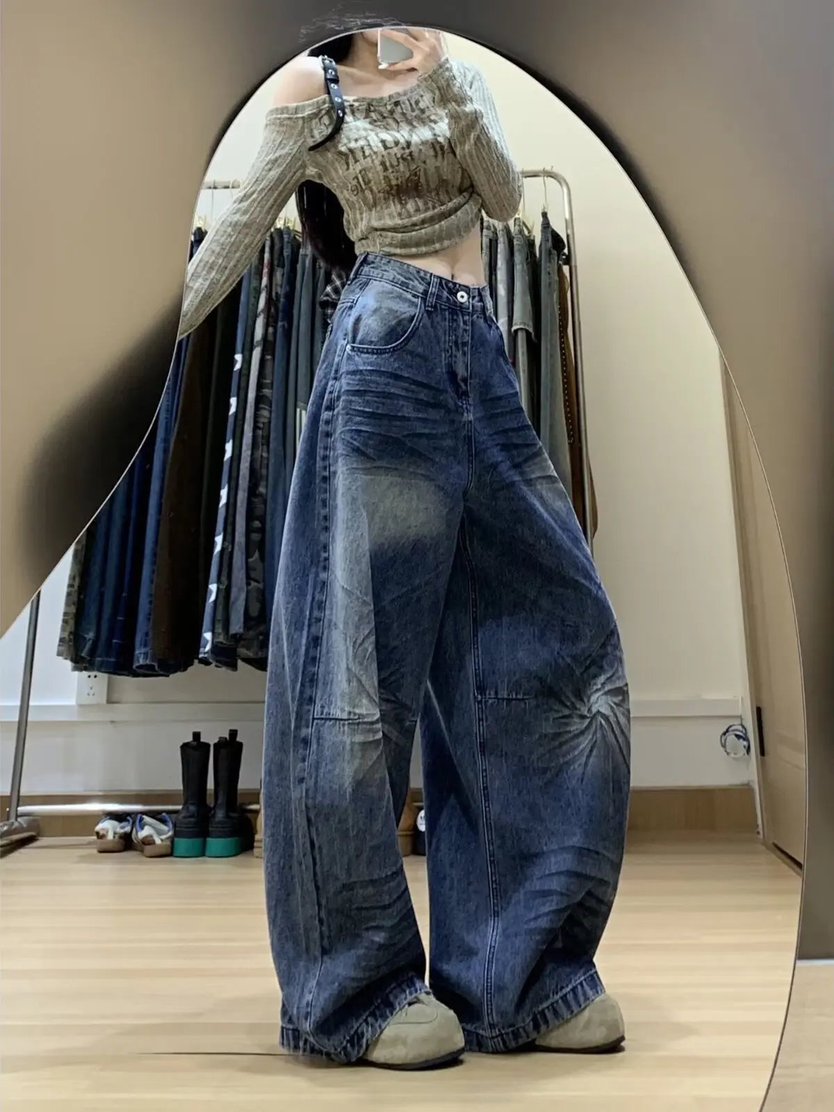 American Retro Knife  Denim Jeans Women's Loose Splicing Washed Drape Wide Leg Pants Autumn 2025 New plus Size Casual