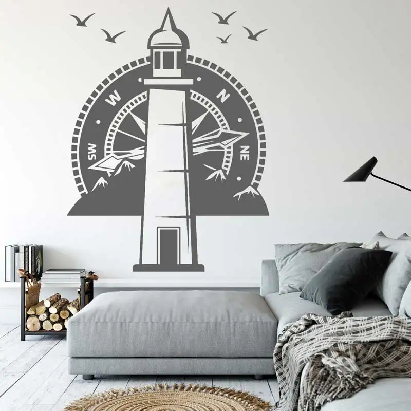 Lighthouse Compass Nautical Travel Vinyl Wall Decal Beach Style Mountain Bird Compass Adventure Home Living Room Kids Room Decor