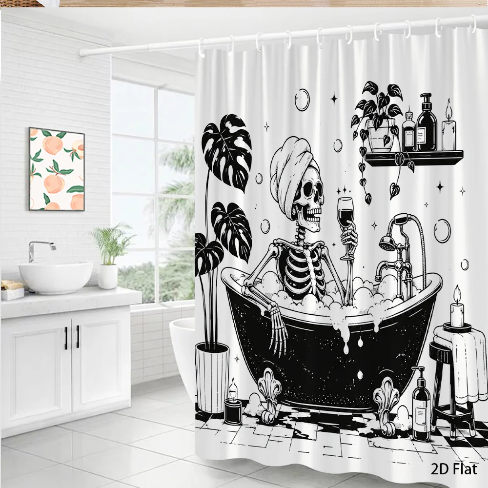 Funny Skeleton Bathtub Shower Curtain, Black & White Skull & Monstera Print Waterproof Bathroom Decor, Gothic Humor Home Bath
