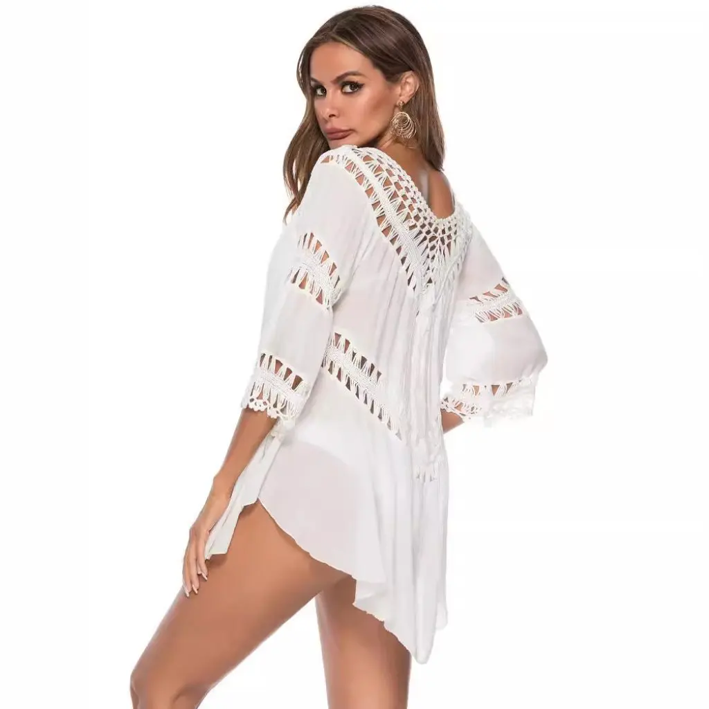 Blusa de Bikini holgada de longitud media para mujer, estilo europeo y americano, ropa de playa hueca con costura de gancho grande 118A