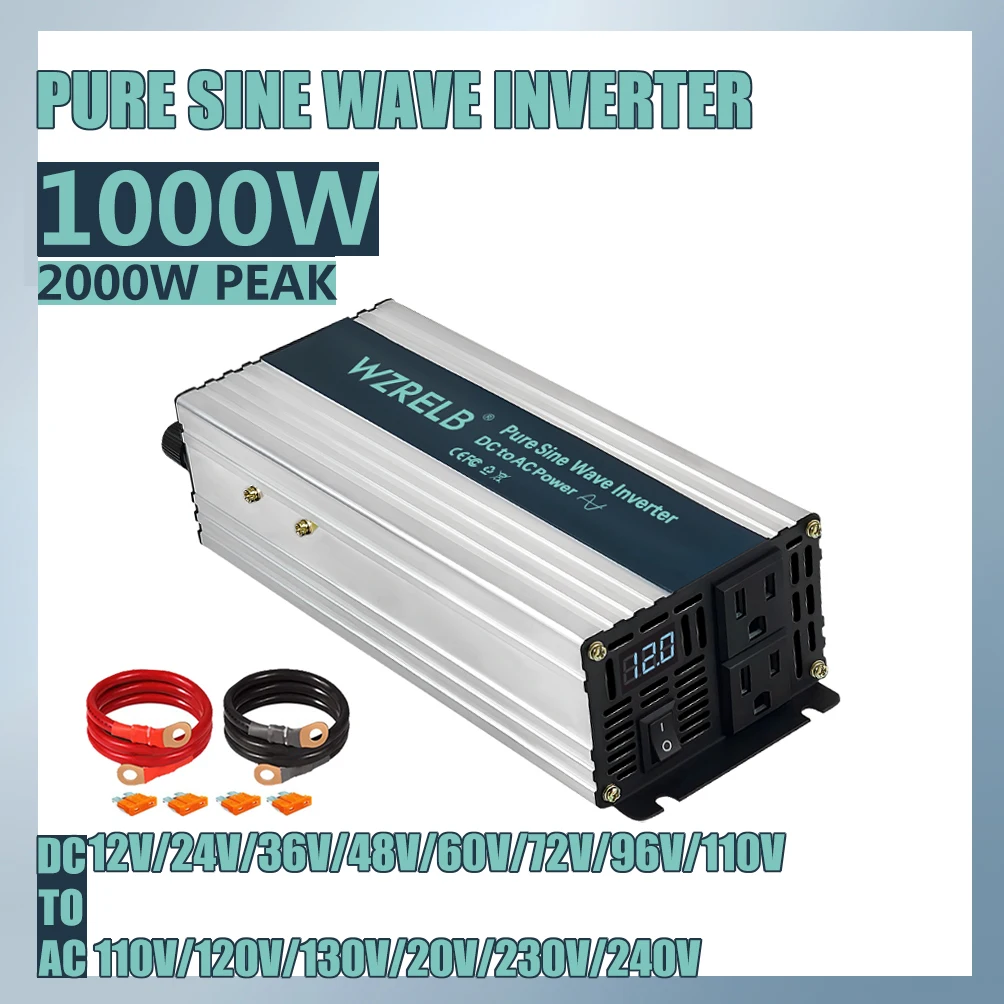 1000W Pure Sine Wave Solar Inverter 24V 220V Battery Bank Power Supply Converter 12V/36V/48V/96VDC to 100V/110V/120V/230V/240VAC