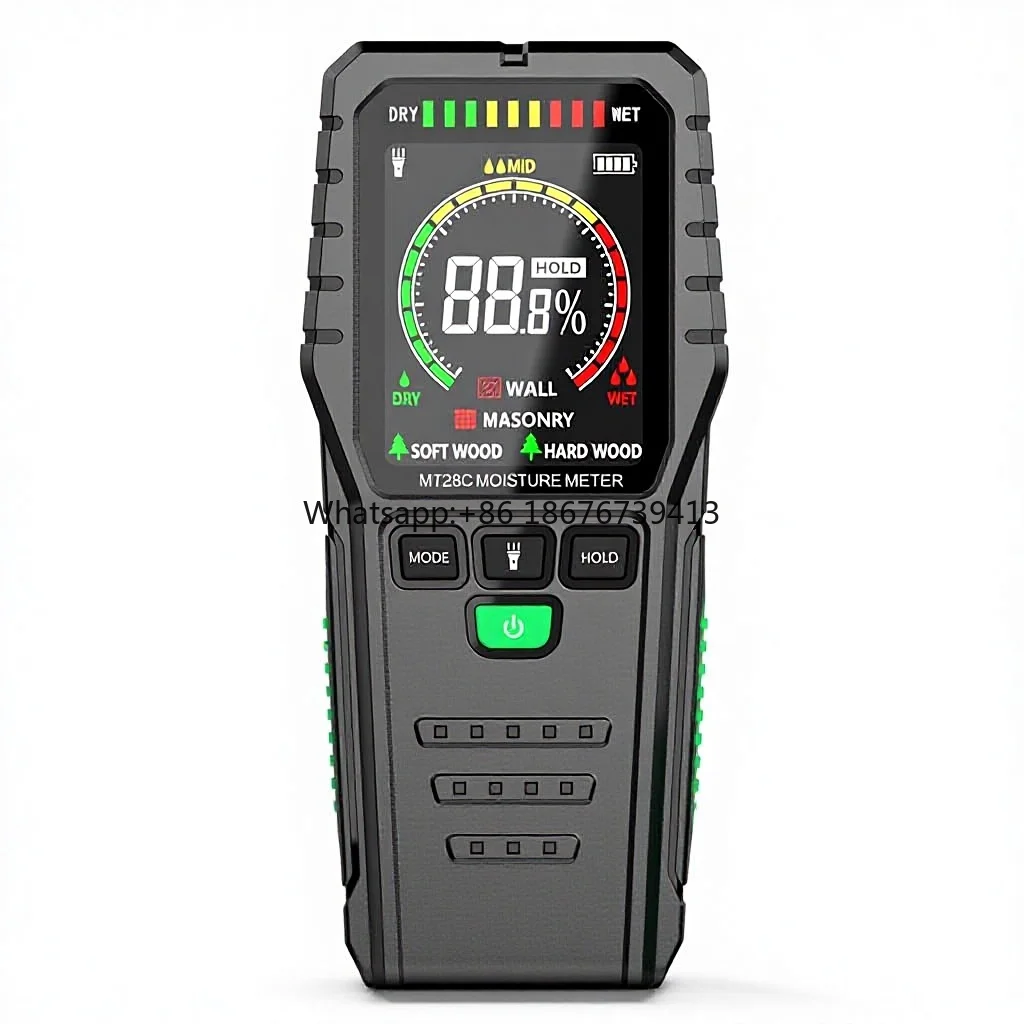 

Industrial Pinless Moisture Meter Wall/Floor 3-Color LCD Display Audible Alarm HOLD Function Home Use