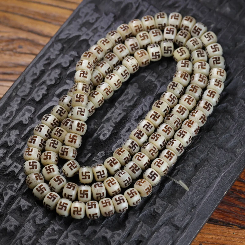 beads with character Wan Zi Fu 108-bead Buddhist necklace Tibetan-style old oil bone cultural arti