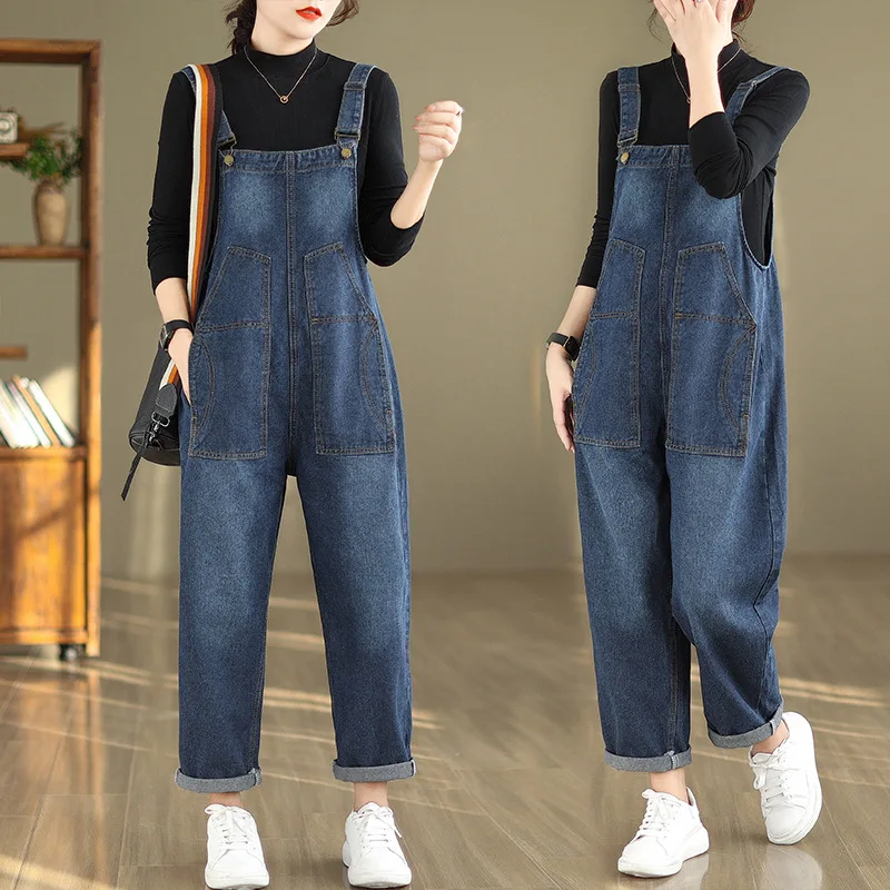 

Woman Autumn Fashion Big Pocket Literary Vintage Sleeveless Suspenders Jumpsuit Loose Streetwear Elastic Waist Denim Overalls