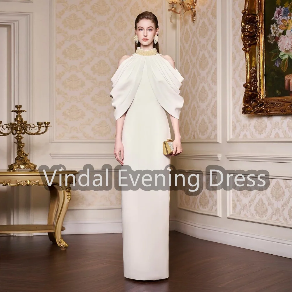 

Креп Vindal, прямое вечернее платье с круглым вырезом и складками, простые вечерние платья для женщин, 2025 г., с бисером, элегантное коктейльное платье в Саудовской Аравии