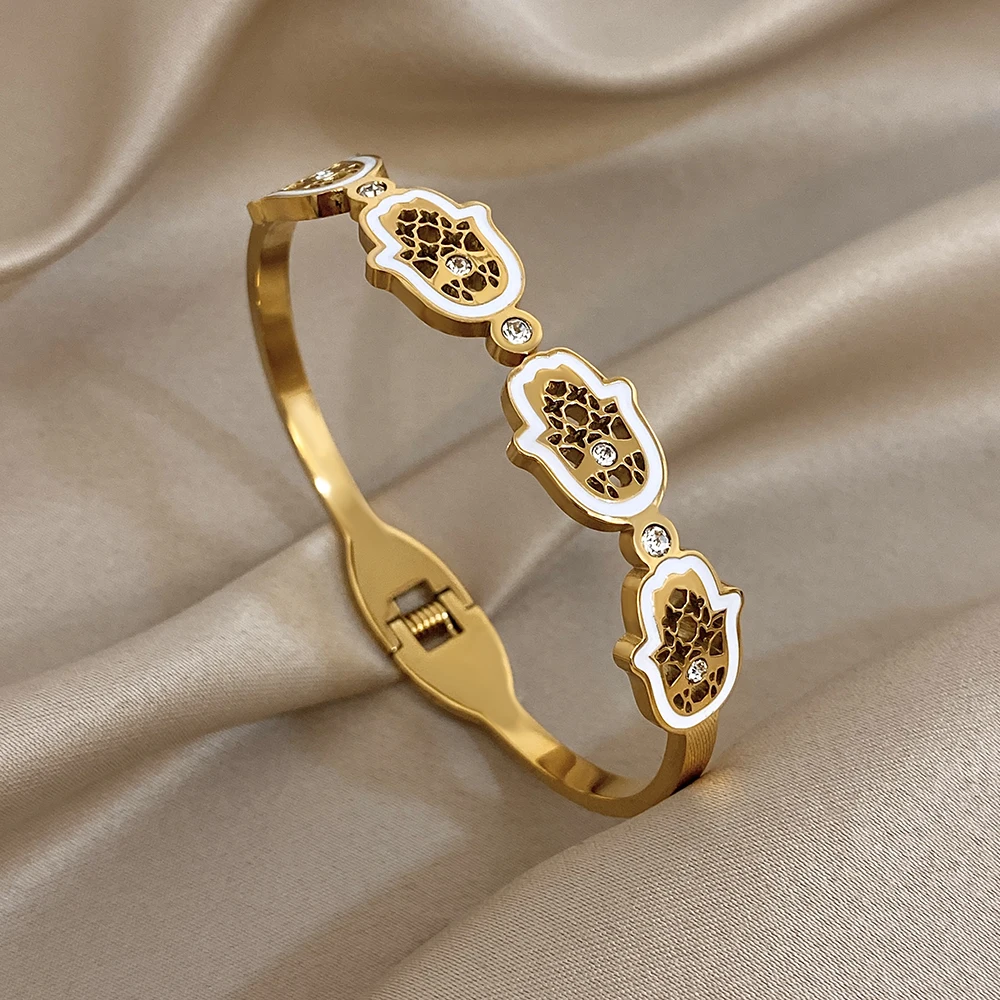 

Vintage Waterproof Stainless Steel Bangle Bracelet Women Luxury Irregular Palm Cuff Spring Bangle Fashion Hand Jewelry Gifts