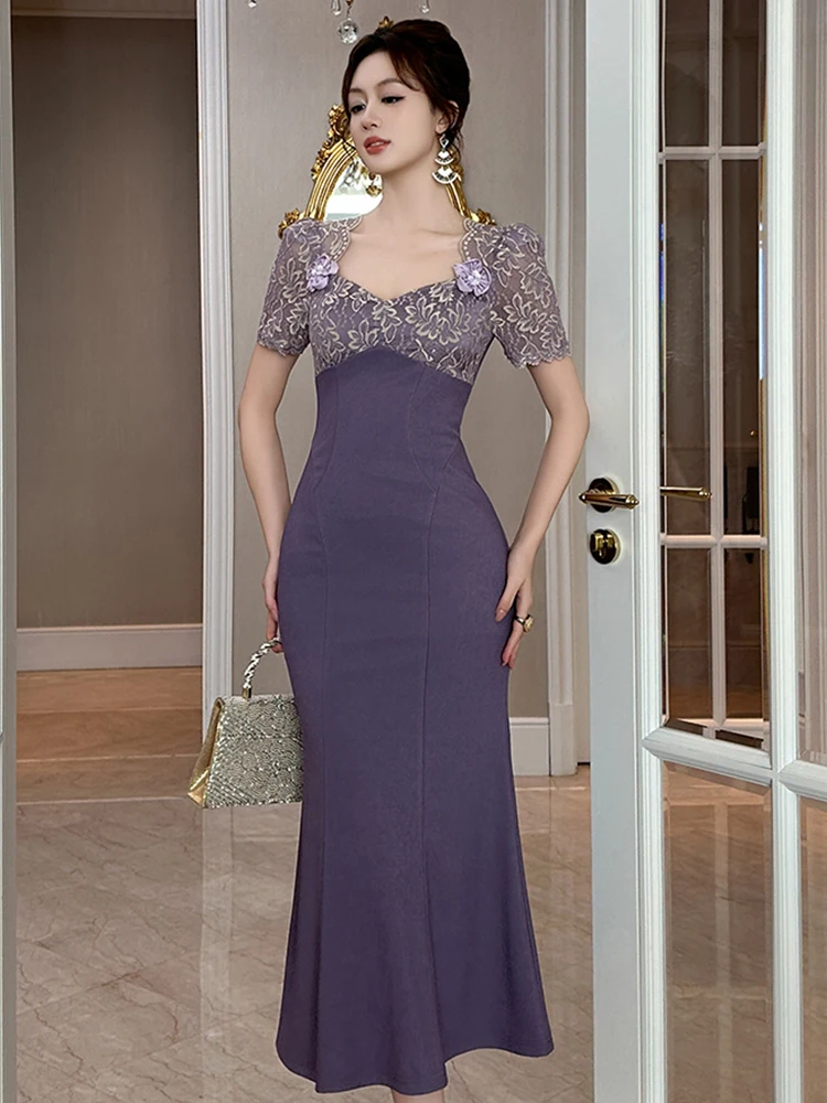 Ropa de mujer dulce encaje púrpura Sexy cuello cuadrado ajustado cola de pez vestido largo elegante Vestidos de fiesta bata Casual ocasión Formal nuevo