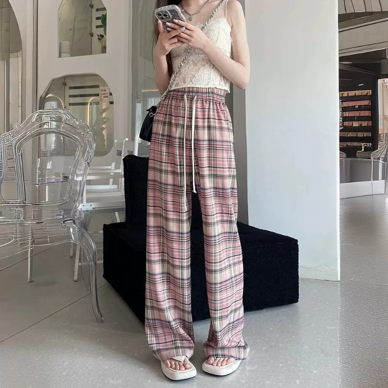 

Summer Women's 2024 New Patchwork Elasticized High-waisted Drawstring Screw Thread Plaid Fashion Loose All-match Straight Pants