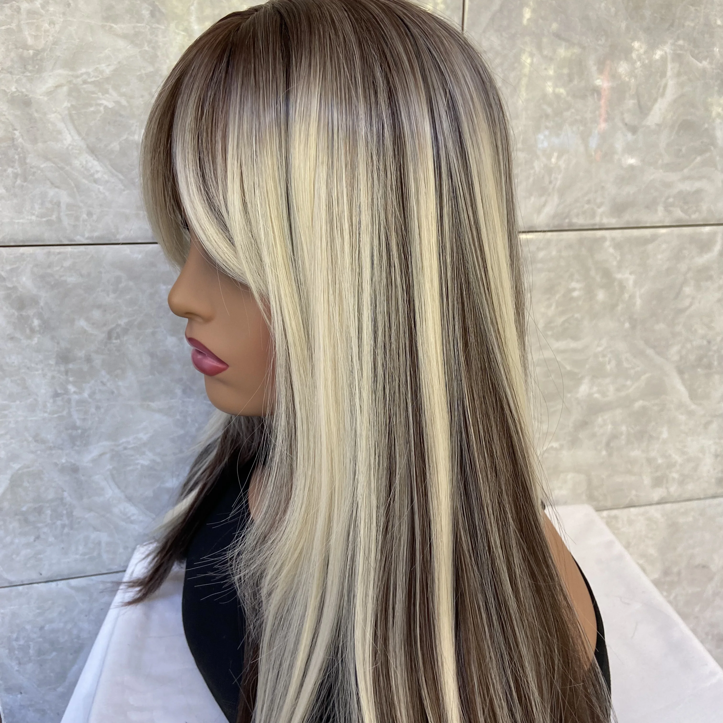 Fashiomag Long Straight Blonde Highlight Mix Human Hair Blend Heat Ok Wigs Women Soft Natural Daily Use With Bangs