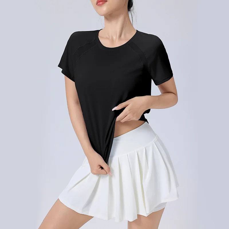 

Women's 2025 Skin-Feel Mesh-Splice Yoga Tee Round-Neck Quick-Dry Slim Fit Tennis Running Gym Breathable Summer Training Top
