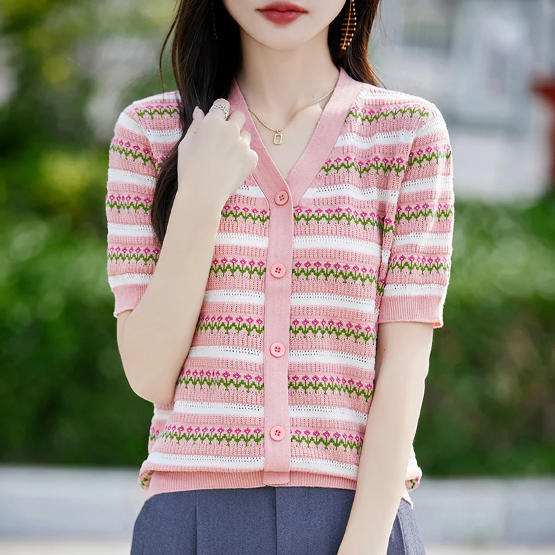 Summer Stripe Knit Loose Fit Short Sleeve T-Shirt Versatile Age-Defying Top Trendy Fake Open Cardigan Ladies Fashion T-Shirt