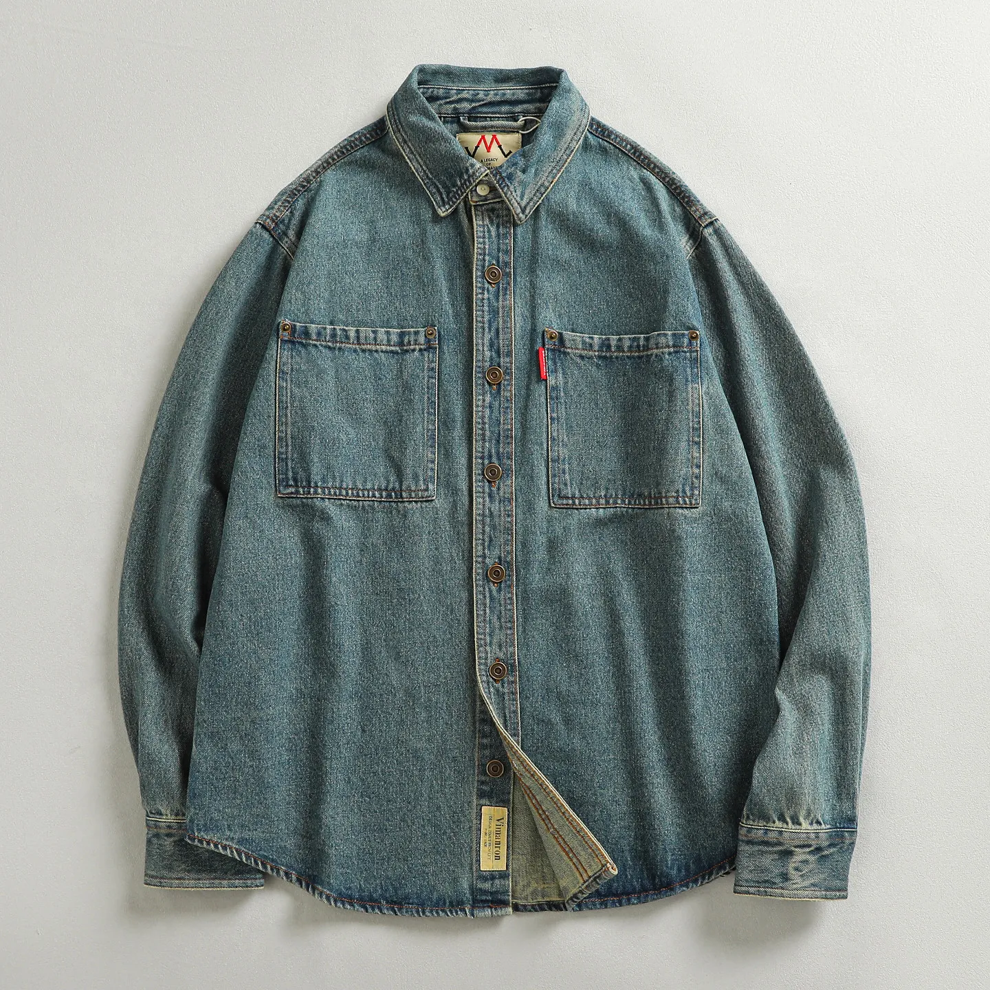 Heavyweight American nostalgic retro denim shirt men's spring and autumn loose long-sleeved shirt jacket