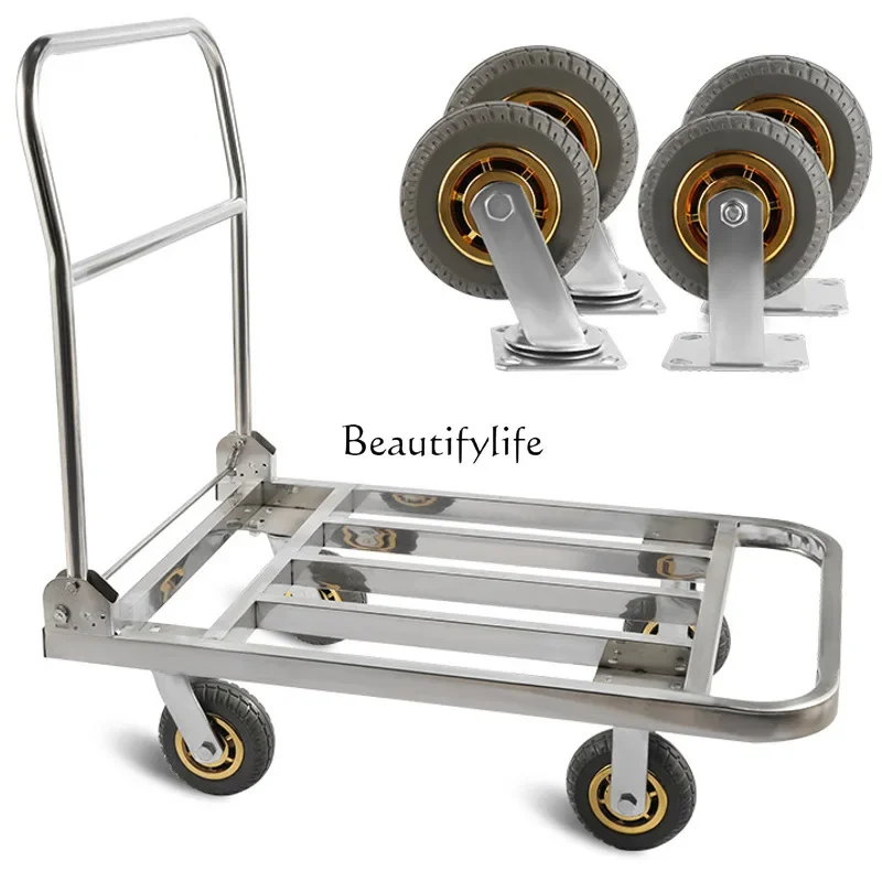 Trolley Stainless Steel Flat Car Folding Portable Pull Goods Silent Four Wheels Heavy Duty Large Trailer