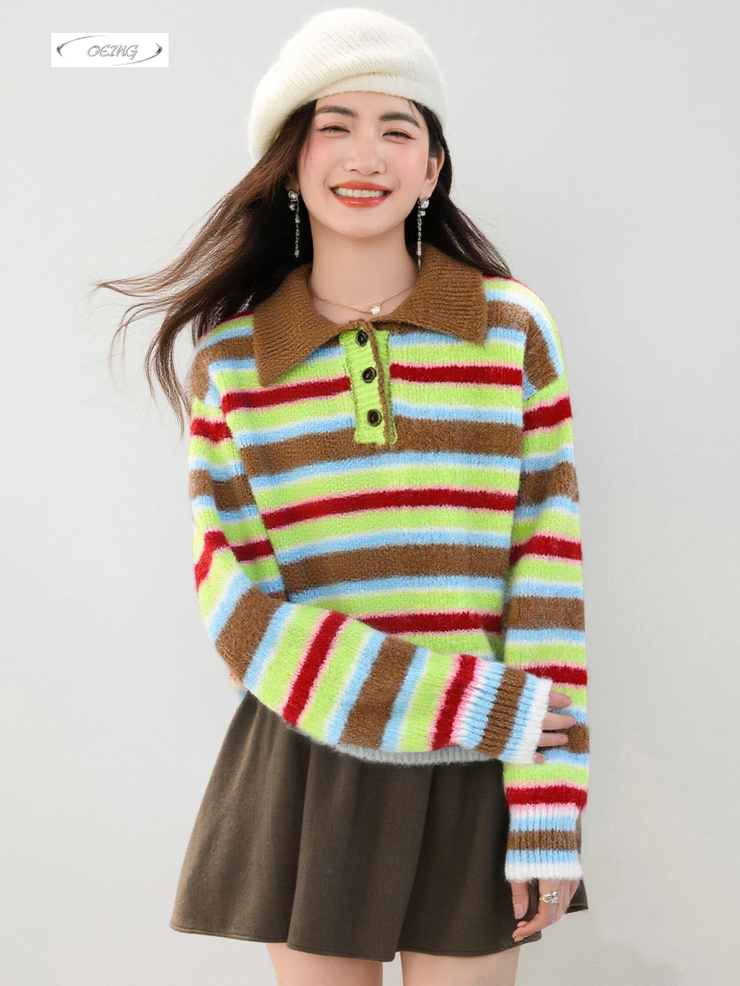 

Korean Style Rainbow Stripes Knitted Pullover Swaeter for Women Autumn Winter Elegant Sweet Loose Tops Y2k Knitwear Female 9807