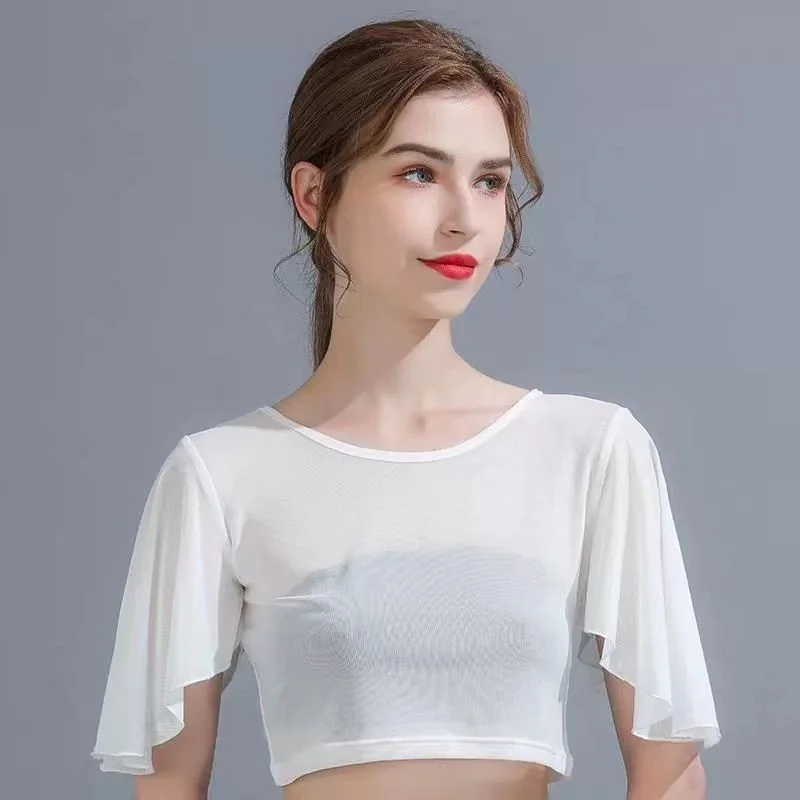 レースクロップトップ、薄手の女性用ベースレイヤー、夏の新作、露出防止、ゆったりフィット、ラウンドネック