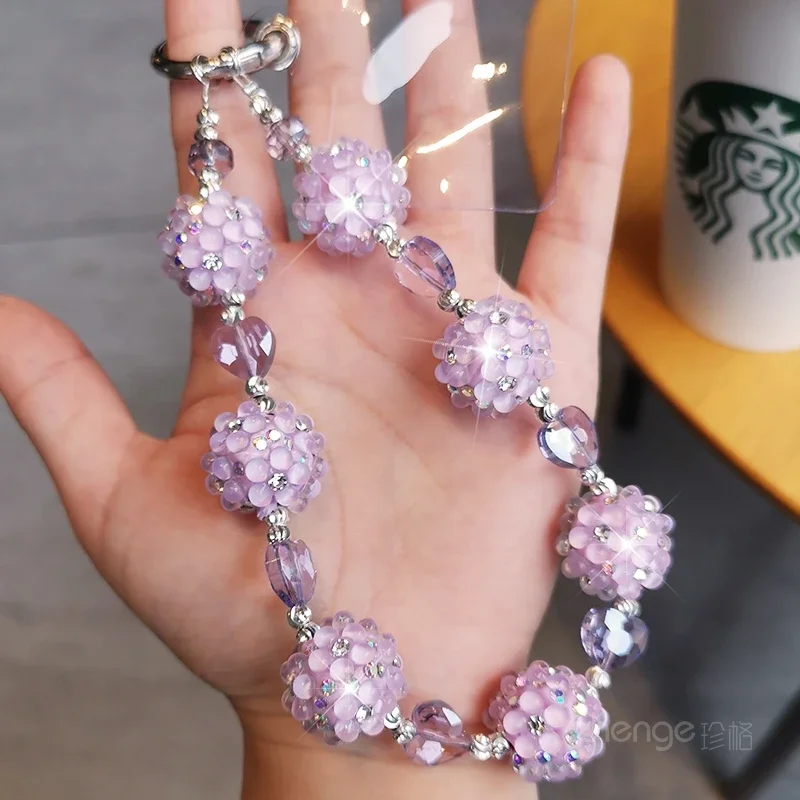 Mobile Phone Lanyard Rhinestone Flower Ball Beaded Bracelet Short Hand-beaded Chain Clip Mobile Phone Case Universal Rope