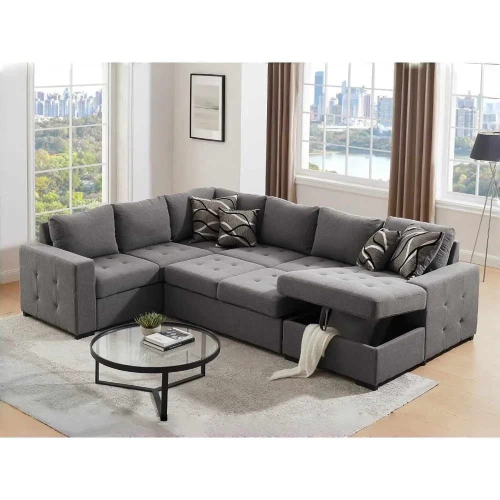 

Sectional Sleeper Sofa Bed with Storage Chaise, U Shape Oversized Sectional Couch with Pull Out Bed for Living Room Gray