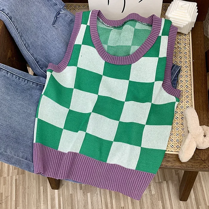 Checkerboard Knit Tank Top for Women Contrast Color Crew Neck Sleeveless Crop Sweater Vest Teengirl 90s Y2K Spring Summer Outfit