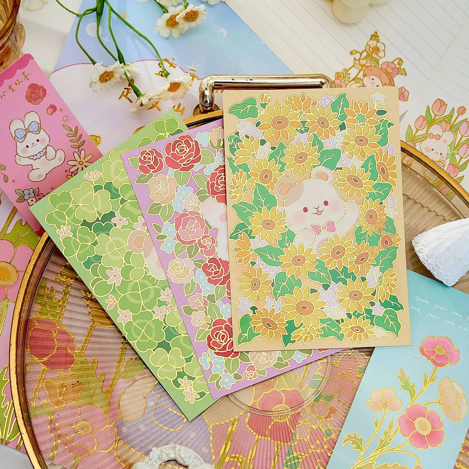 JCAC Gold Foil Letter Paper Set, Sea of Flowers Melody Series, Cartoon Journal DIY Stationery Kit