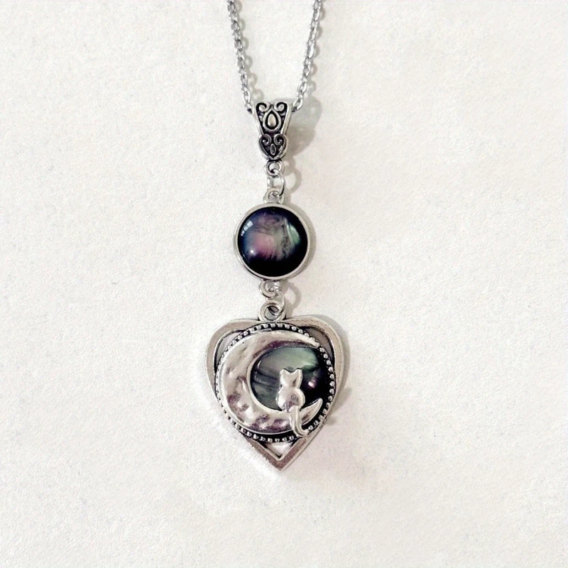 Y2K Fashion Peach Heart Moon Cat Pendant Necklace Women Black Crystal Girl Sweet Cool Punk Clavicle Chain Aesthetic Jewelry Gift