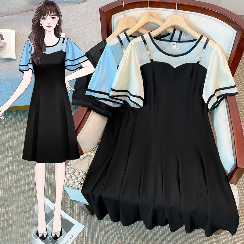 Vestido de camiseta de algodão feminino, gola O, manga curta, tamanho grande, elegante, duas peças falsas, preto, branco, vestidos azuis finos, verão, fêmea