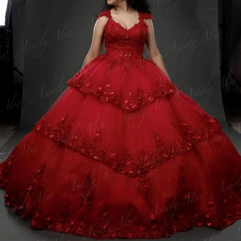 Elegant Lief 16 Jaar Meisje Quinceanera Jurken 2024 V-Hals Kanten Applique Bloem Korset Baljurk Prom Verjaardagsfeestjurk 15