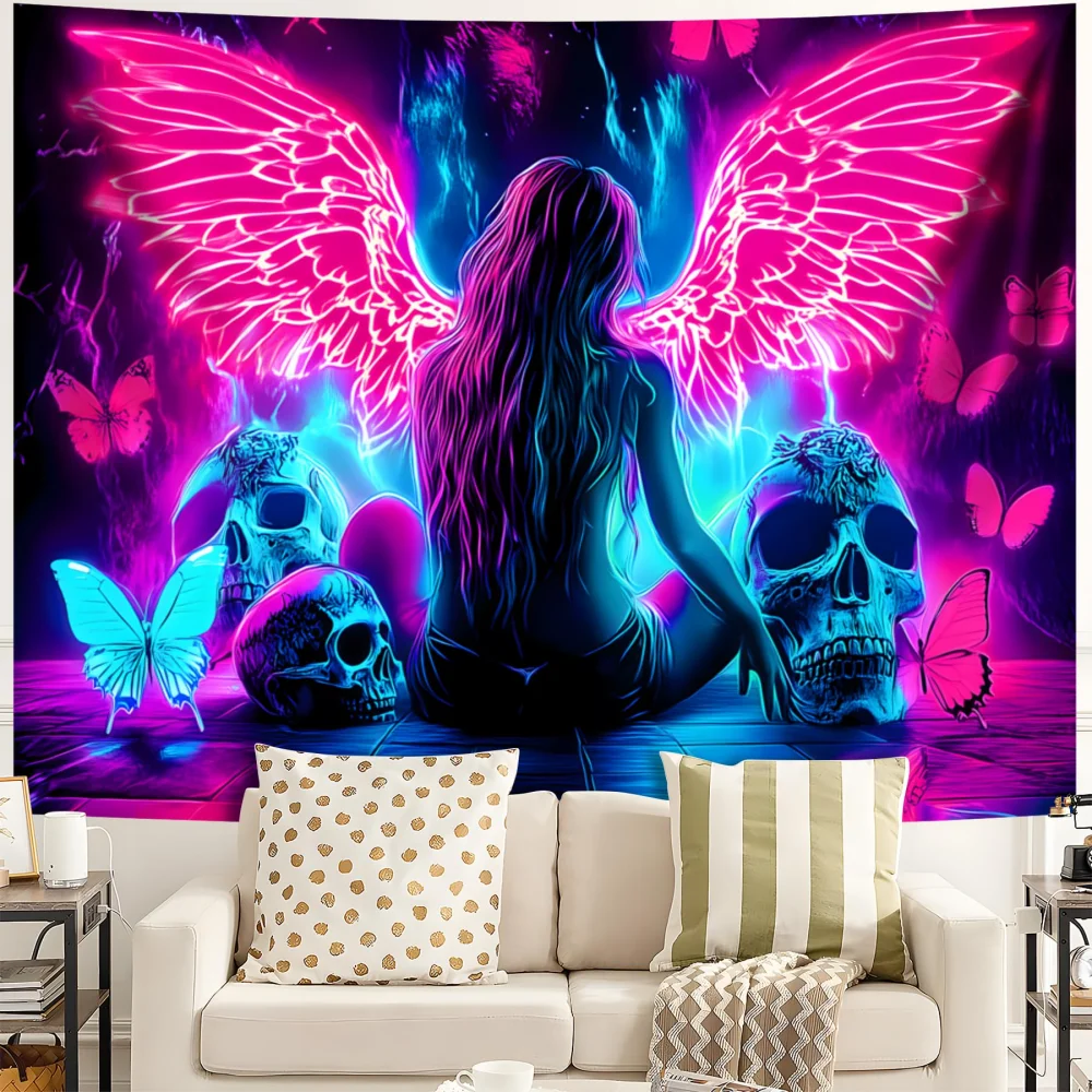 VIKAMA Fluorescent Dark Angel Wings Tapestry Blacklight Reactive Wall Hanging for Bedroom Gaming Room Bar Dorm Home Decor