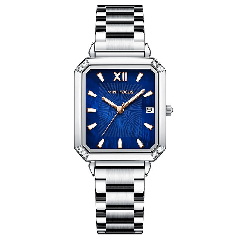 Mini Focus MF0472L Luxury Watch Square Diamonds Case Silver Stainless Steel Band Waterproof Women Quartz Watches