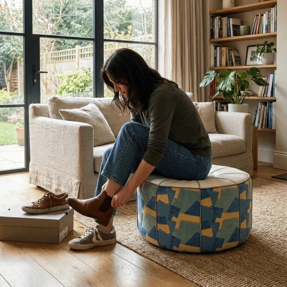 Soft PU Leather Footstool Cover Round/Square Waterproof Sofa Stool Cover Bohemian Style Large Capacity Pouf Cover Entryway