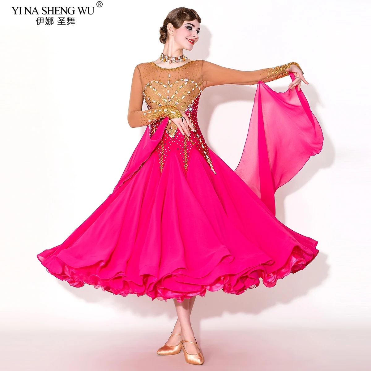 Standard-Walzer-Wettbewerbskostüm, Rundhals-Langarm-Tanzkleid für Damen, Rosenrot, hochwertige rote Ballsaal-Tanzkleidung