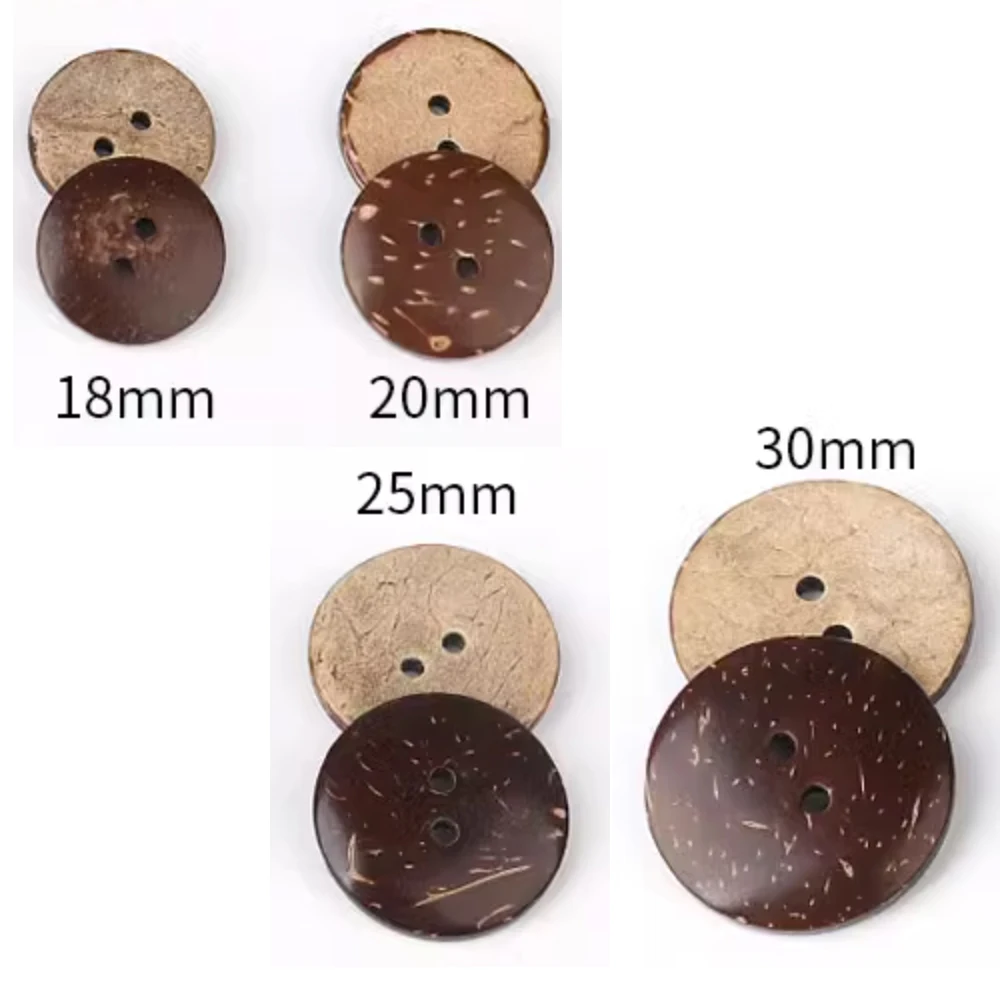 100pcs Natural Coconut Buttons 2-Hole Round Sewing Flatback Brown Sizes 18/20/25/30mm for Crafting and DIY Projects
