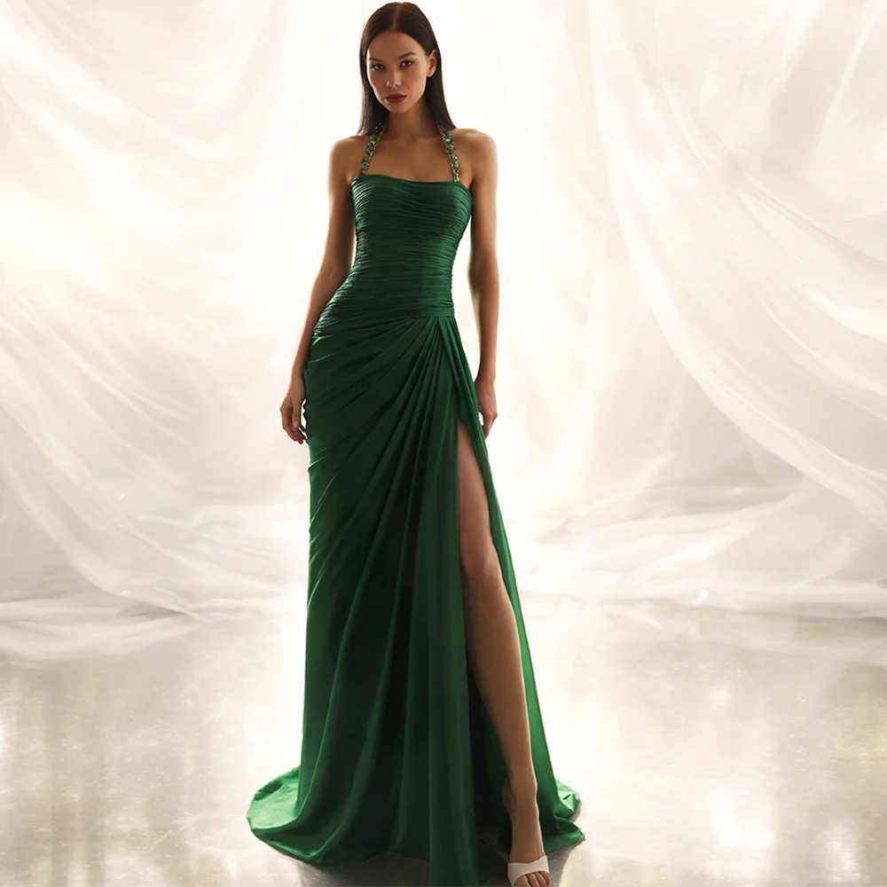 

Customized Sparkly Crystal Halter Evening Dress Elegant A-Line Side Slit Homecoming Dress Classic Pleats Satin Vestido De Festa