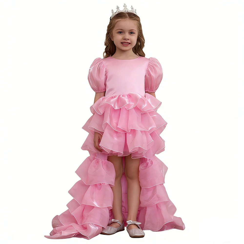 

Elegant Pink Girls Formal Dress Puff Sleeve Tiered High Low Pageant Gown with Big Bow Back Flower Girl Dress for Wedding Party