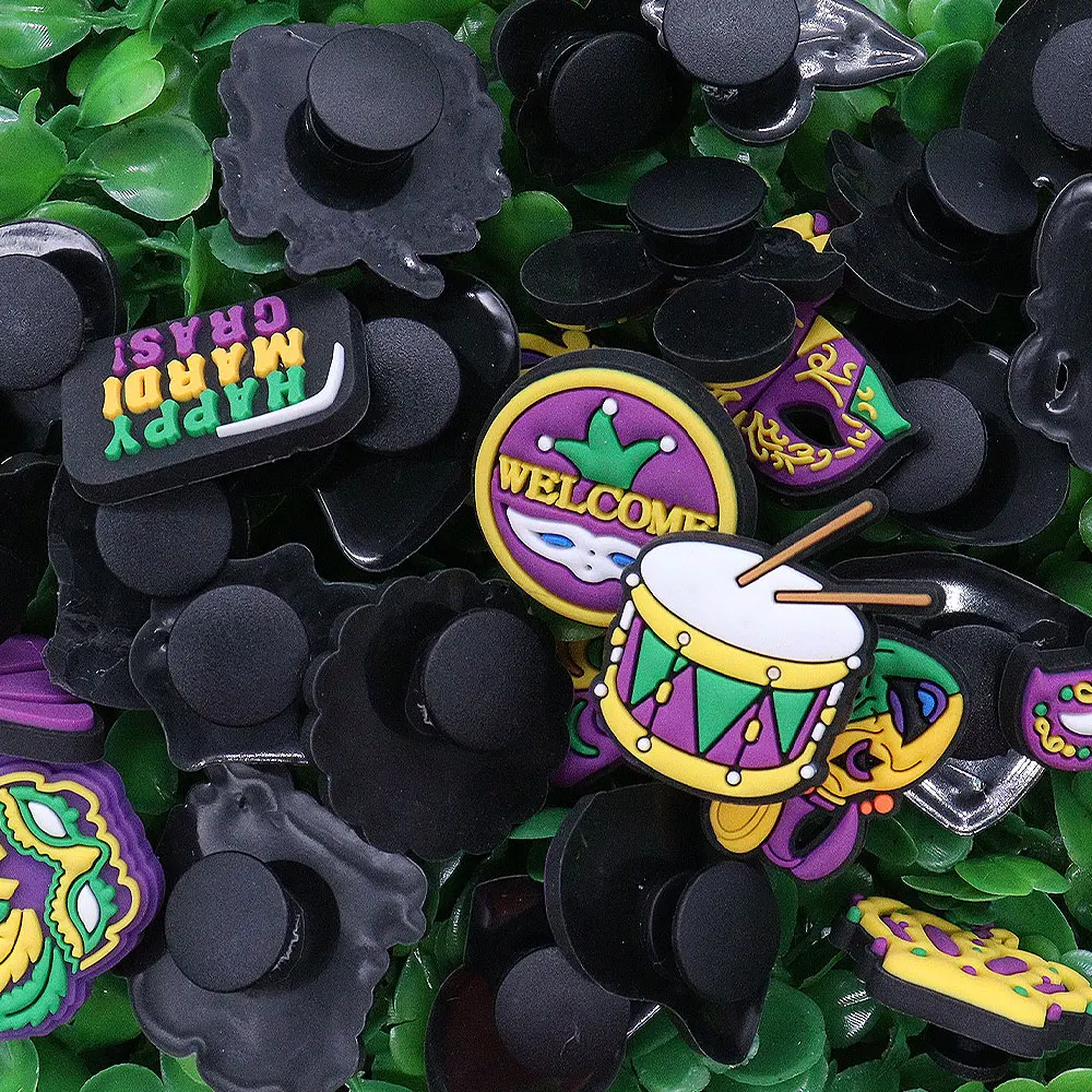13-30Pcs Happy Mardi Gras Drum Hat PVC Shoes Button Charms Woman Man Sandals Accessories DIY Party Present