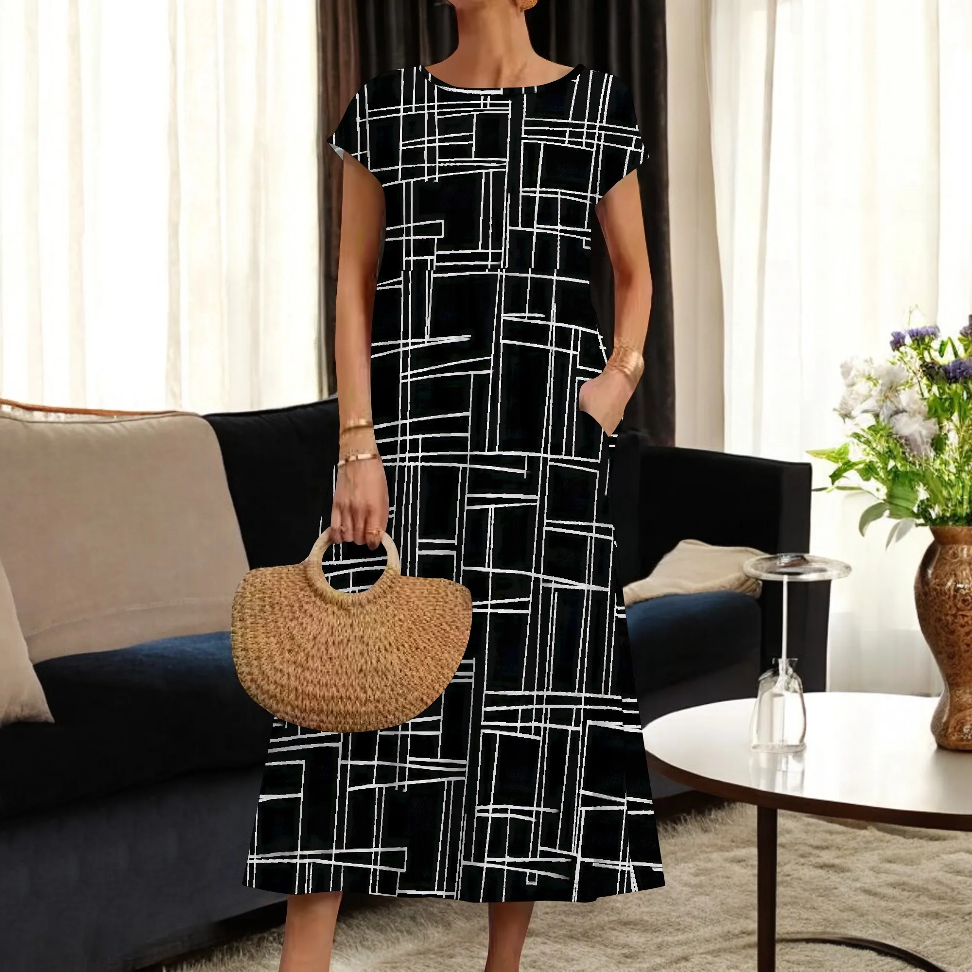 ชุดเดรสฤดูร้อนสําหรับผู้หญิงเสื้อยืดลําลองแขนสั้นเดรสสวิง Flowy Beach Sundress พร้อมกระเป๋า