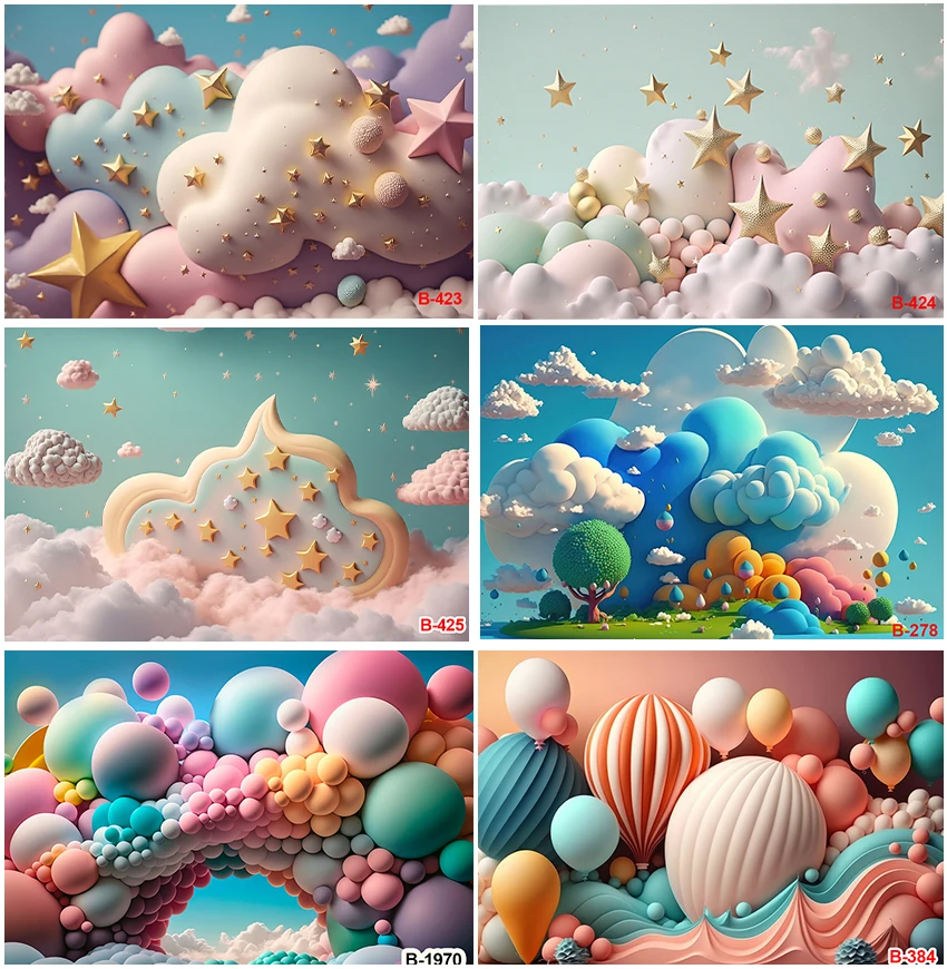 

Clouds Balloons Backdrops 3D Twinkle Stars Birthday Party Cake Smash Photography Baby Portrait Backgrounds Photo Studio Shoots