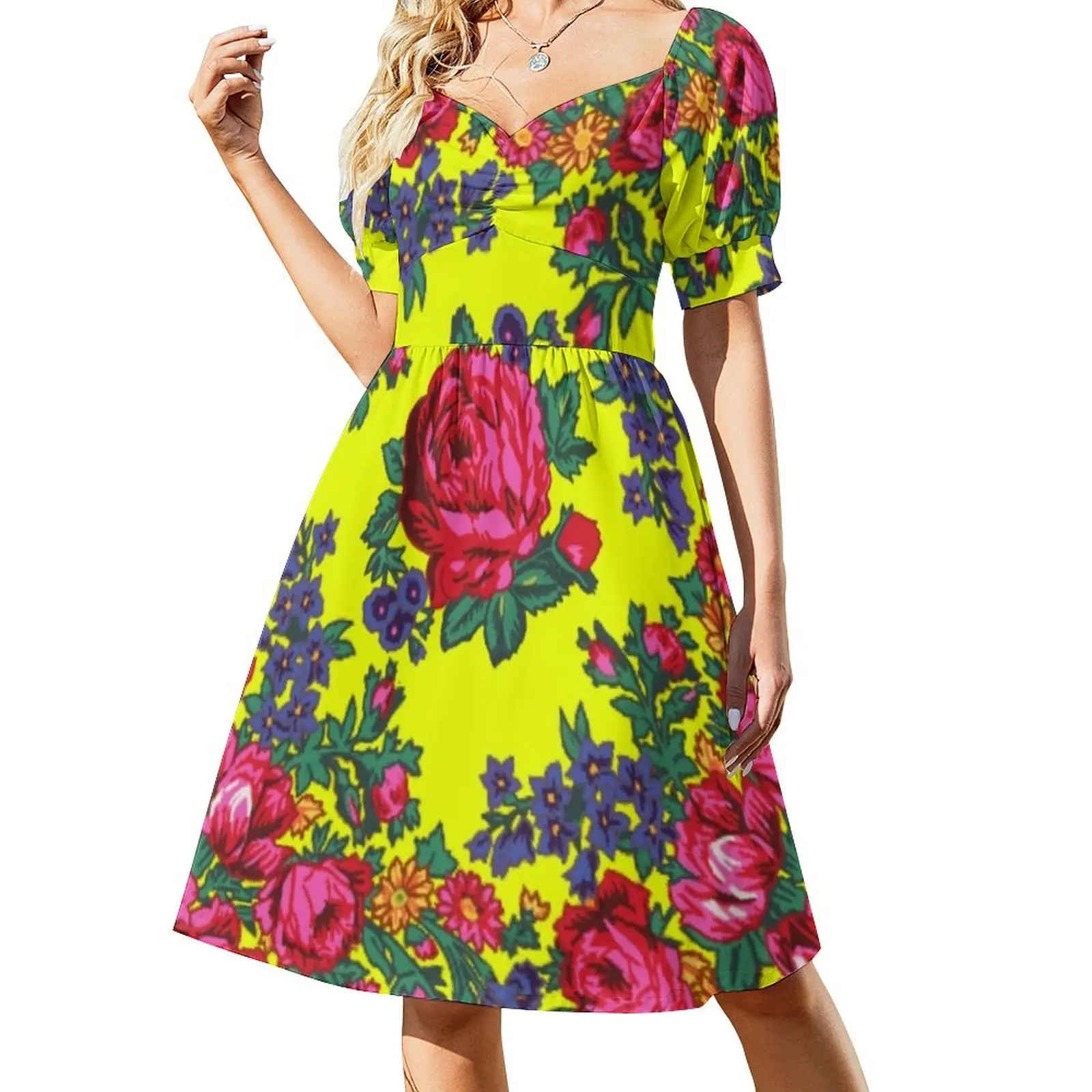 Bright Yellow / Pink Tea Rose Native Floral Print Short Sleeved Dress dress for woman dress summer 2025 women