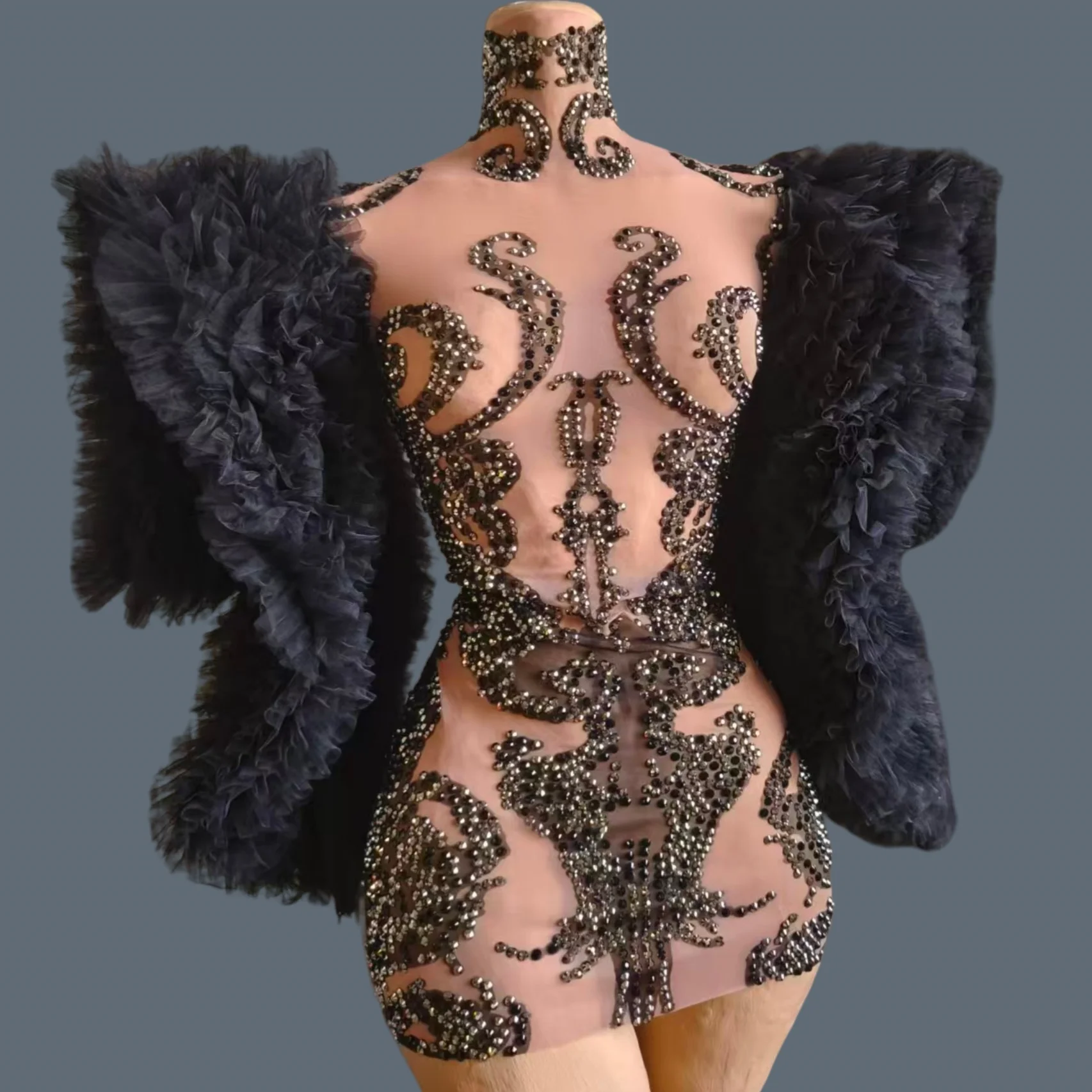 

Sexy Black Gauze Long Sleeves Mini Outfit Birthday Celebrate Party See Through Mesh Cocktail Dress Rhinestone Short Dress monv