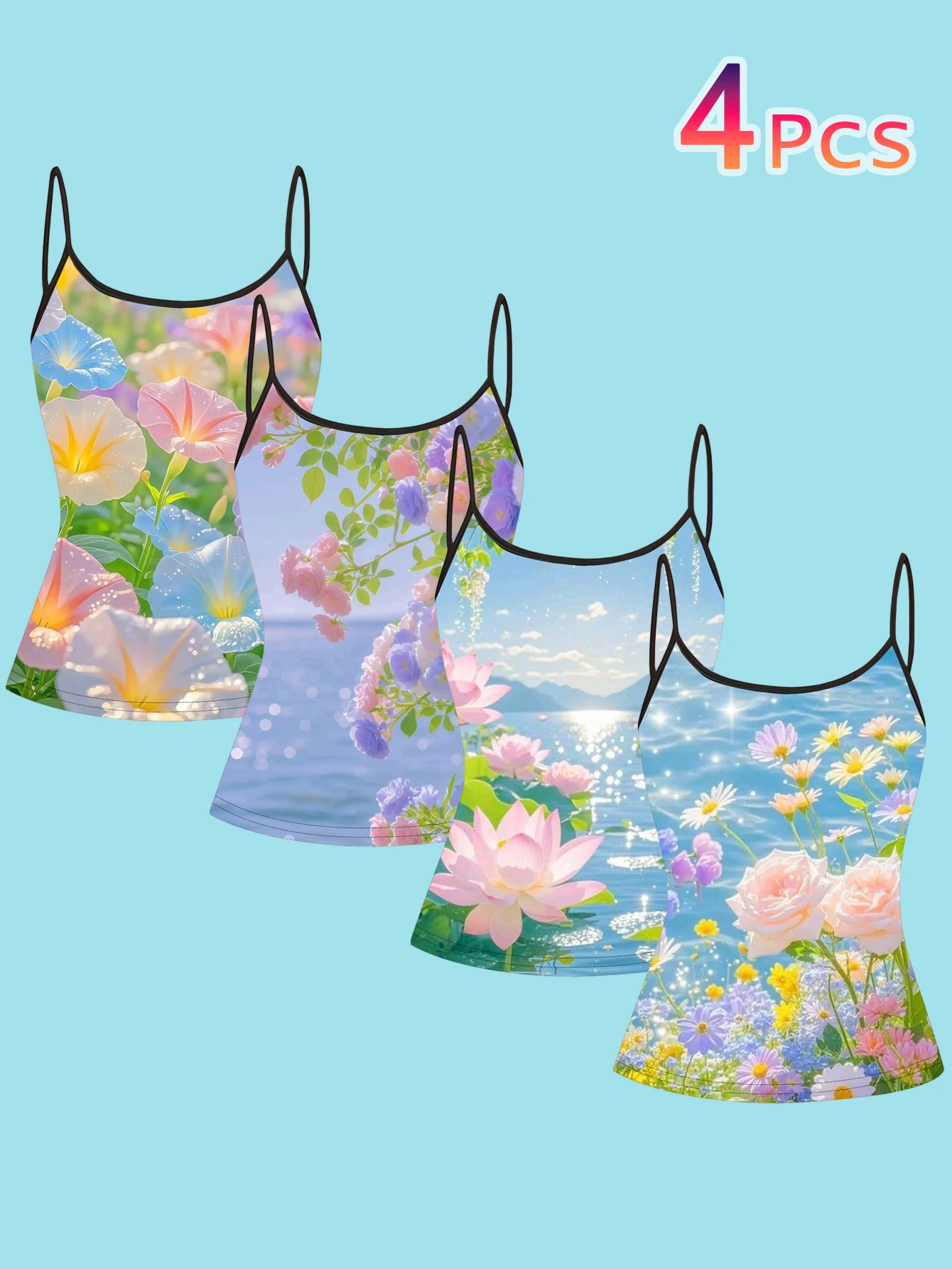 4-Piece Set of Women's Beach Tops with Morning Glory and Lotus Print, Spaghetti Strap Camisole, Slim-Fit Inner Layering Tops