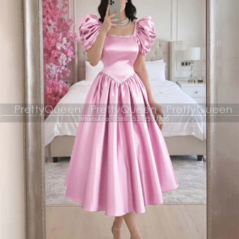 

A Line Bridesmaid Dresses Beaded Square Neck Tea Length Short Puff Sleeves Wedding Party Dress For Women