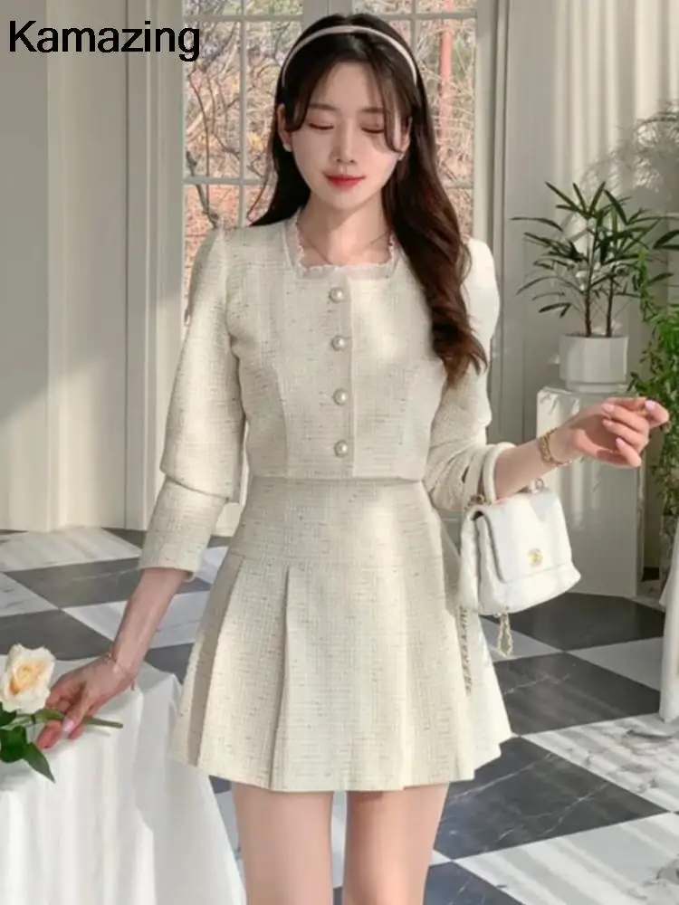 Korean Fashion Elegant Tweed Short Jacket Cropped Coats + High Waist Mini Skirts Suits Autumn New Slim Women Two-Piece Sets