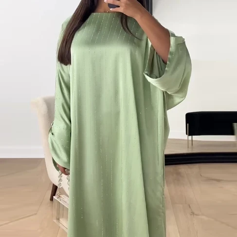 Plus Size Women\'s Dress Elegant Fashion Casual Solid Color Round Neck Bat Long Sleeve Glitter Design Loose A-line Long Dress
