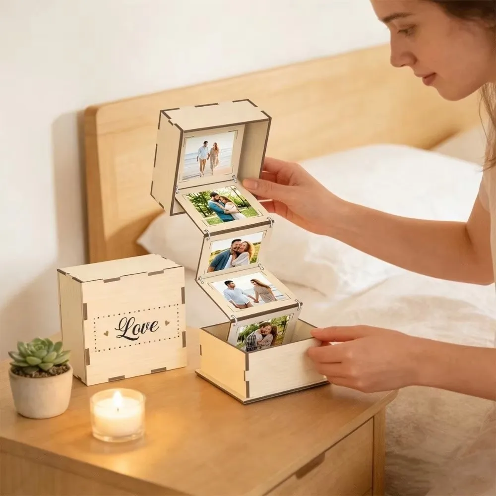 Practical Folding Wooden Photo Storage Box Vintage Handmade Flip Cover Memory Box Rustic Pull Out Photo Album Family Memory